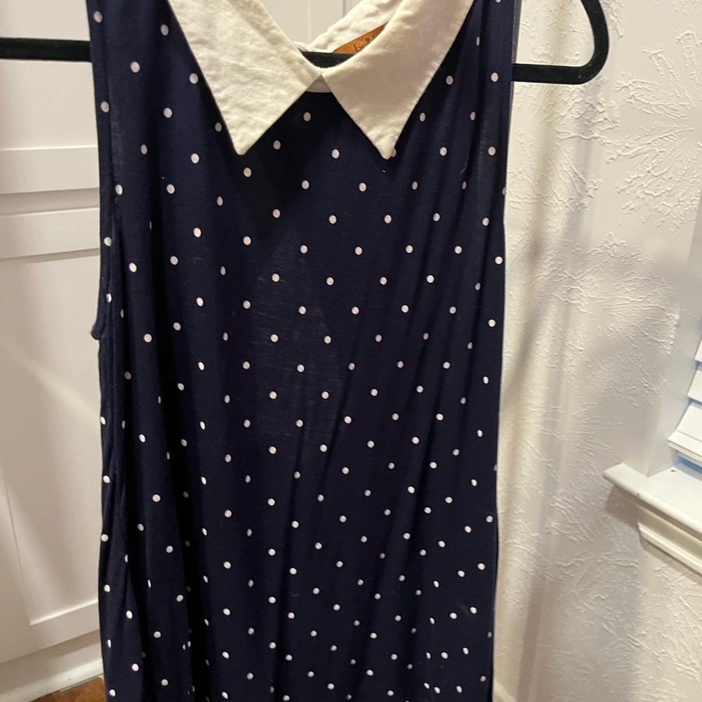 Navy Polka Dot blouse with Cream Collar